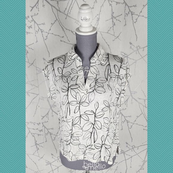 Cynthia Rowley White Leaves Print 100% Linen Collared V-Neck Tee - Picture 1 of 4